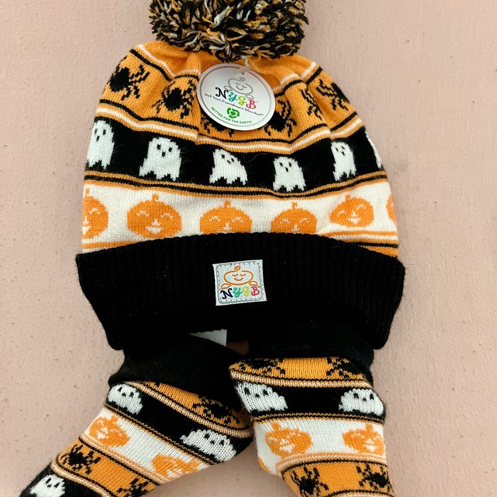 Kids Halloween Hat and Mittens Set - Black and Orange